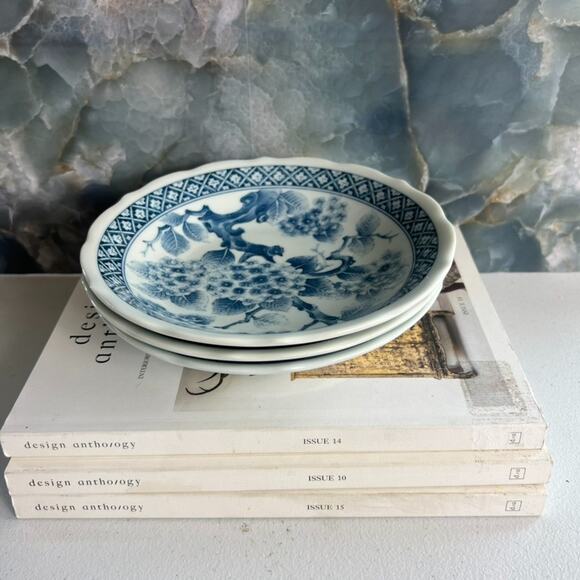 3 Porcelain Bowls Blue & White Cherry Blossom Design with Fluted Rim 8” - Picture 1 of 8